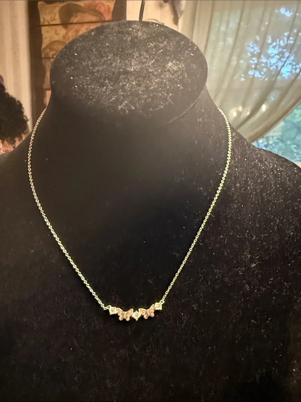 Delicate Silvertone and cubic zirconia butterfly necklace adjustable